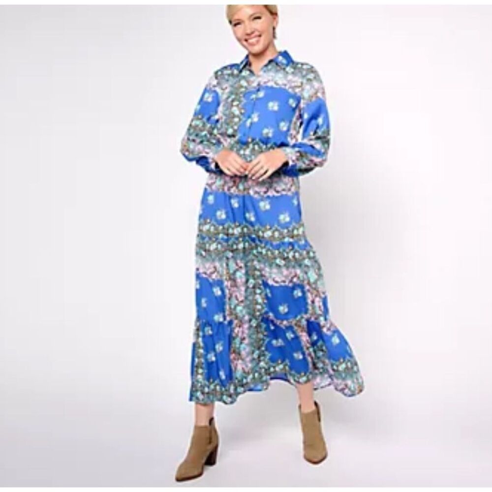 Destination 365 boho Printed Maxi Dress Collared Button Front Tiered M NEW